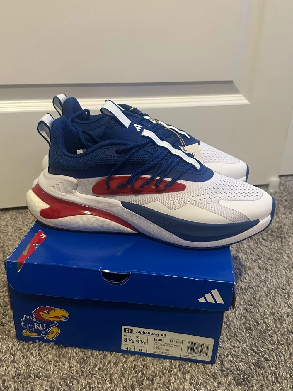 adidas Alphaboost V2 White Blue Red Athletic Shoes